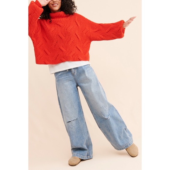 Free People Sweaters - Free People Seasons Change Chunky Knit Sweater Women S Mock Neck‎ Cropped Orange